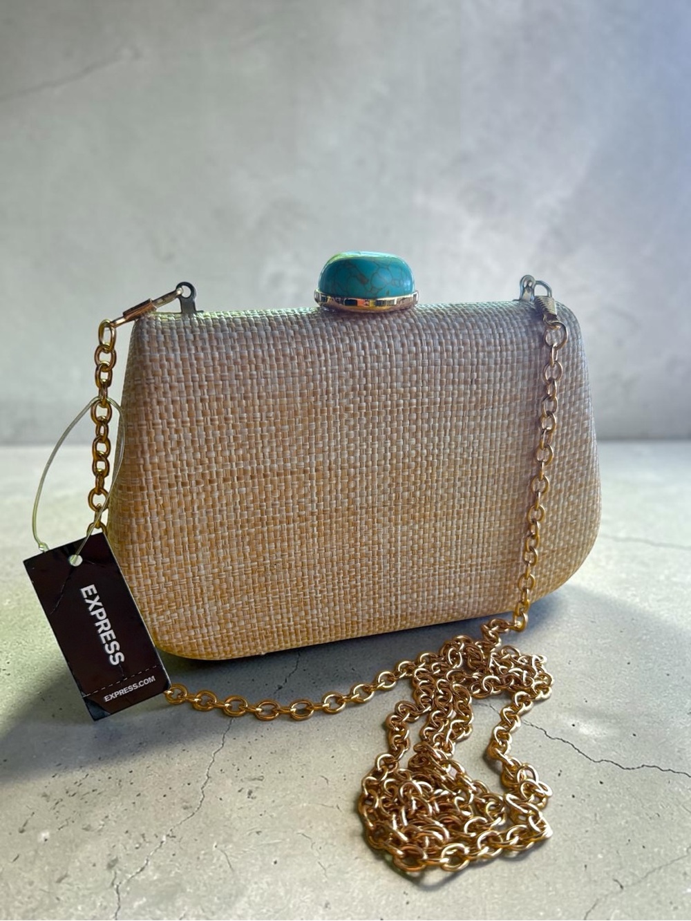Express Woven Straw Clutch Bag w/ Turquoise Stone Gold Chain Boho Coastal Chic